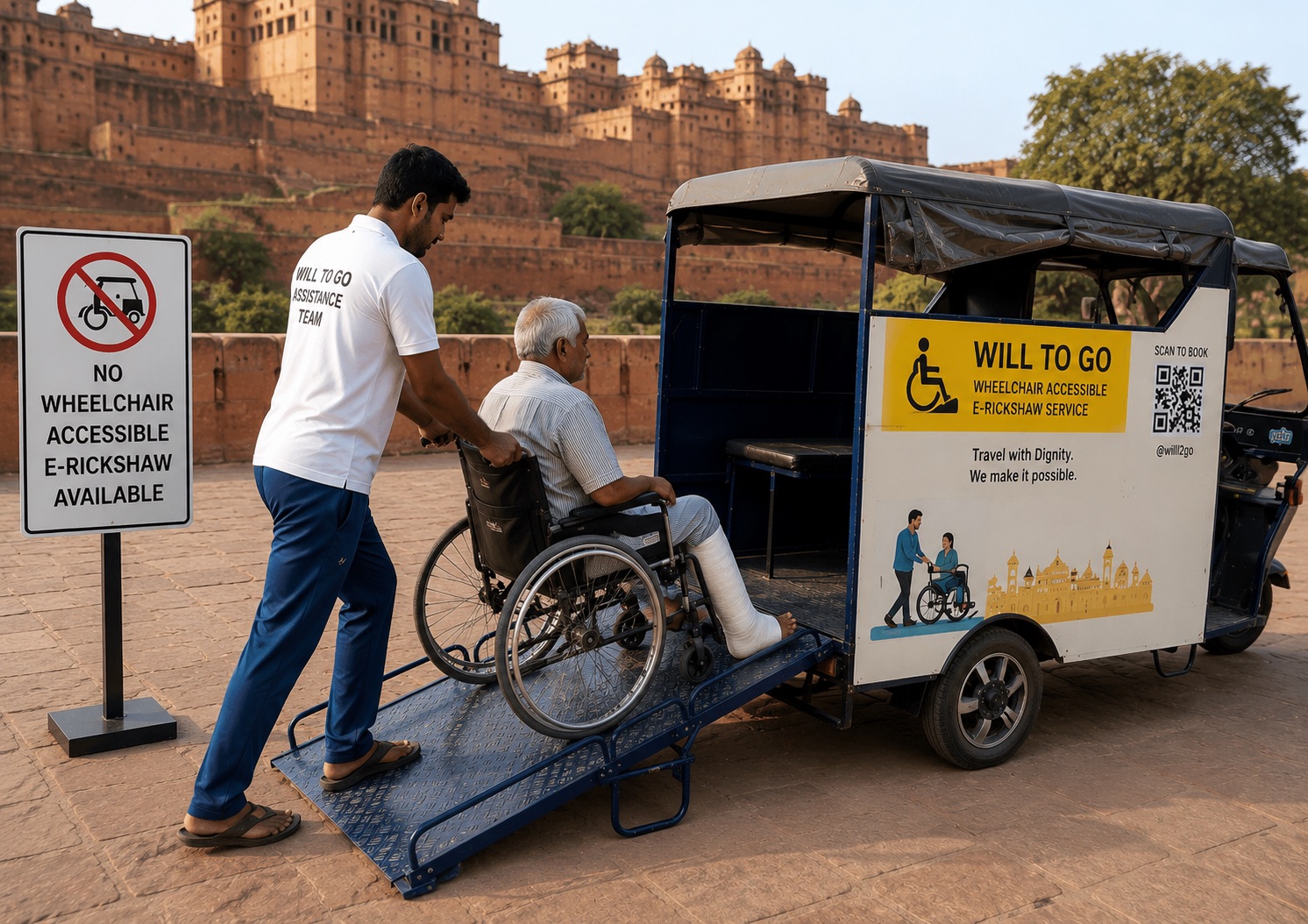 Happy elderly and disabled passengers experiencing freedom inside the e-rickshaw